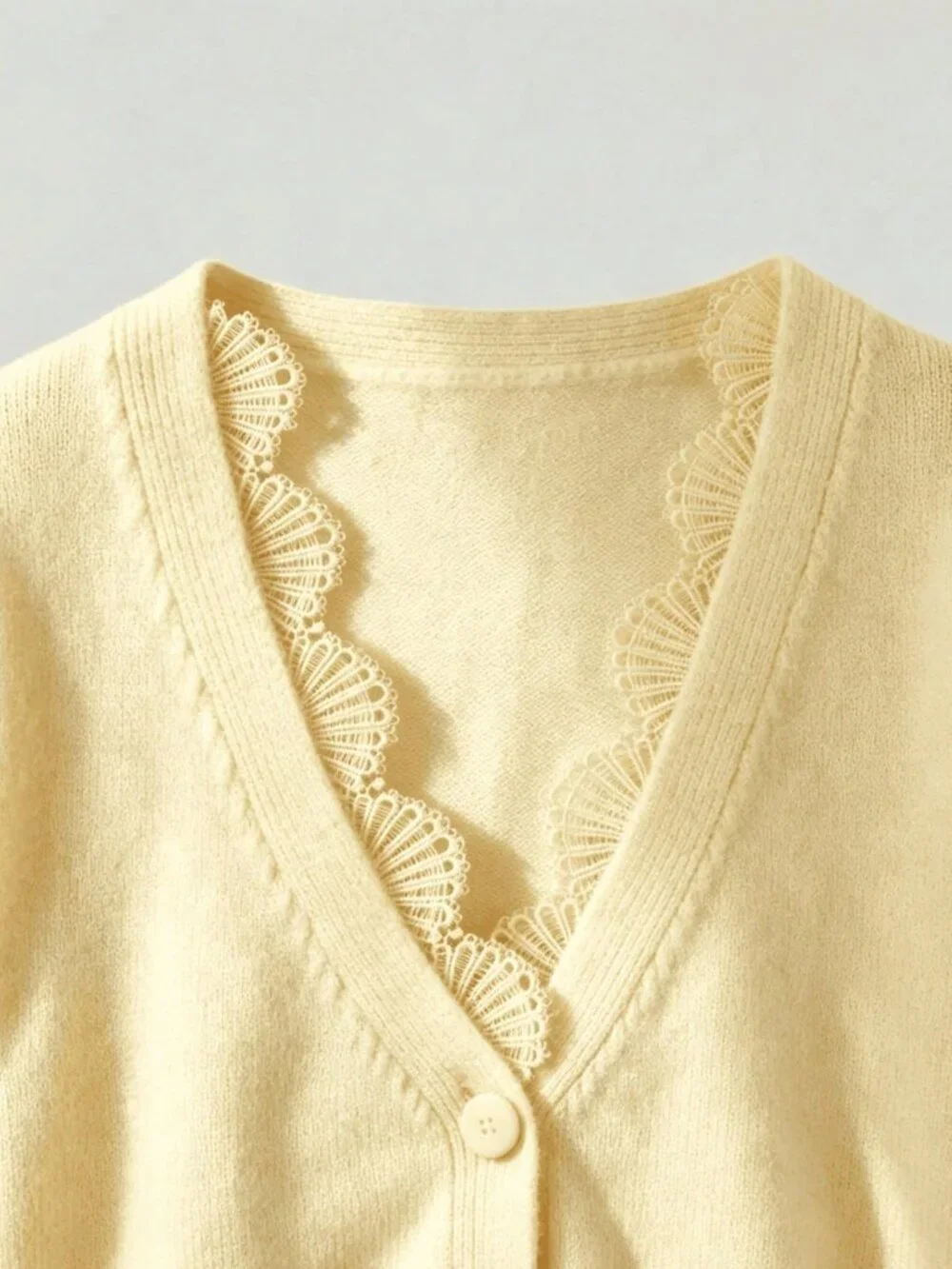 Yellow Casual Women's Loose Contrast Lace V-Neck Drop Sleeve Knit Cardigan